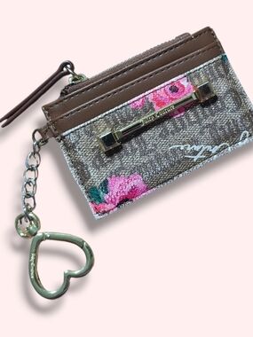 Juicy Couture Brown Monogram Floral Card & Key Holder with Heart Charm